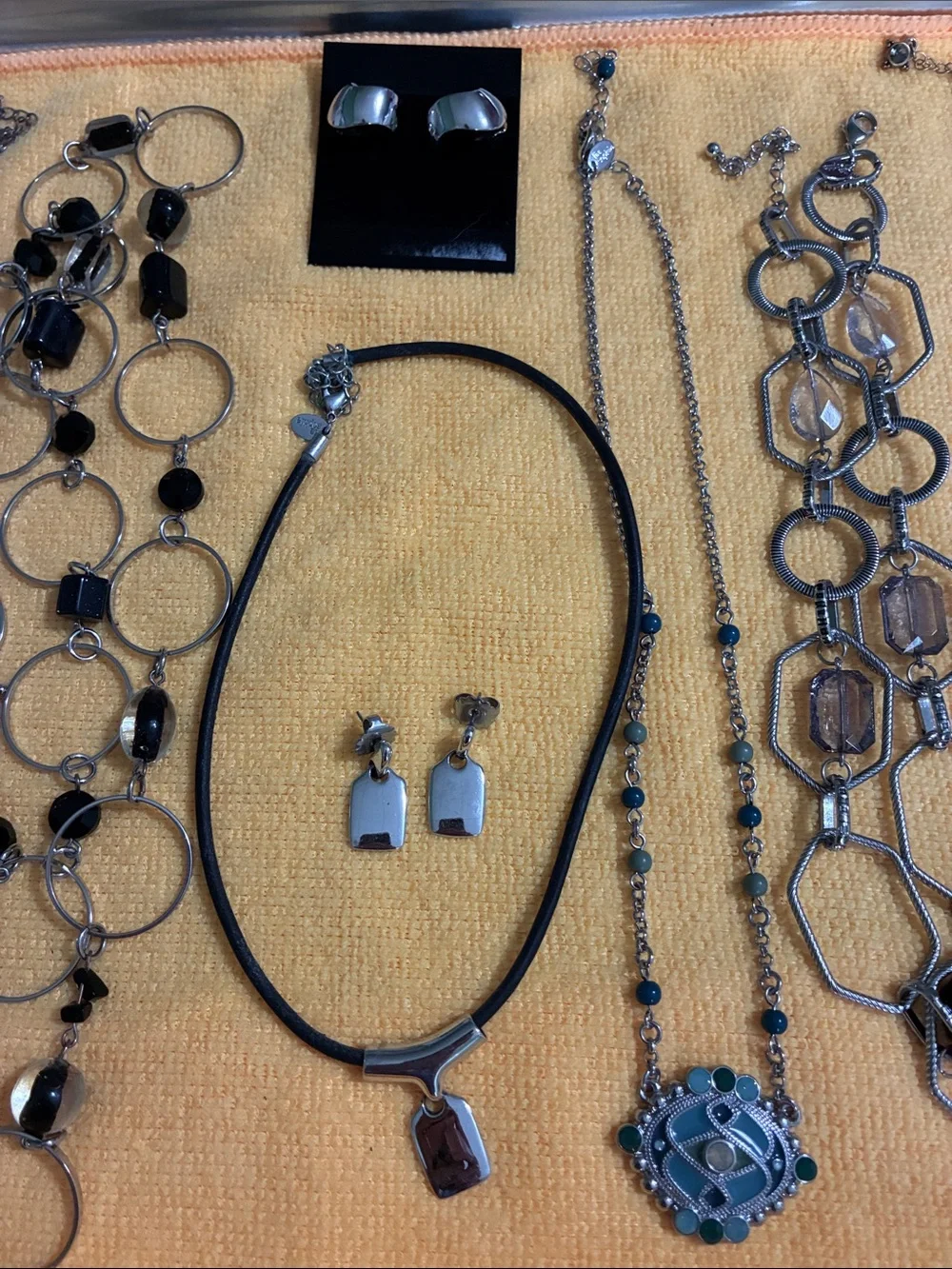Lot of 9 Lia Sophia Black and Gold Mixed-Link Necklaces/earrings /clip earrings